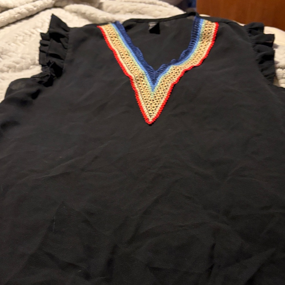 Black Ruffled Women's Top with Colorful Trim